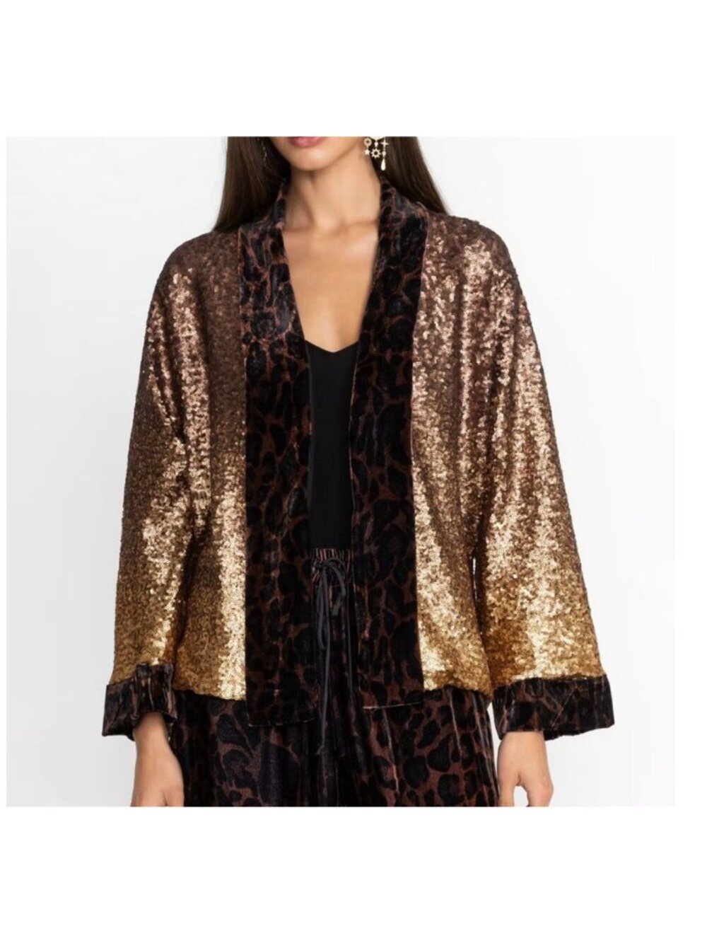 NWT Johnny Was Sequin Gold Kimono Jacket S Leopard Velvet NEW Ombre Bronze Cardi